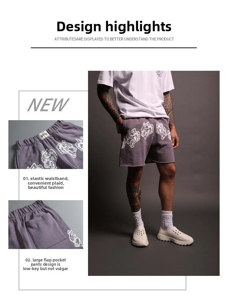 2025 New Men's Cartoon Loose Print Shorts Pure Cotton Summer Frayed Casual Sports Shorts Fitness Sports Five-point Shorts
