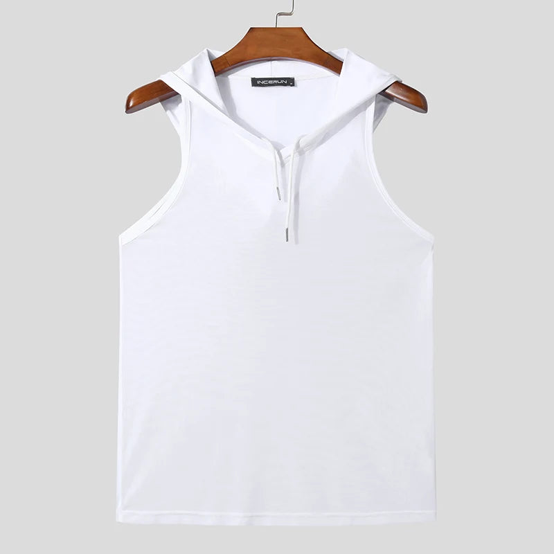 INCERUN Men Tank Tops Mesh Transparent Solid Color Hooded Sleeveless V Neck Male Vests Streetwear Sexy 2024 Fashion Men Clothing