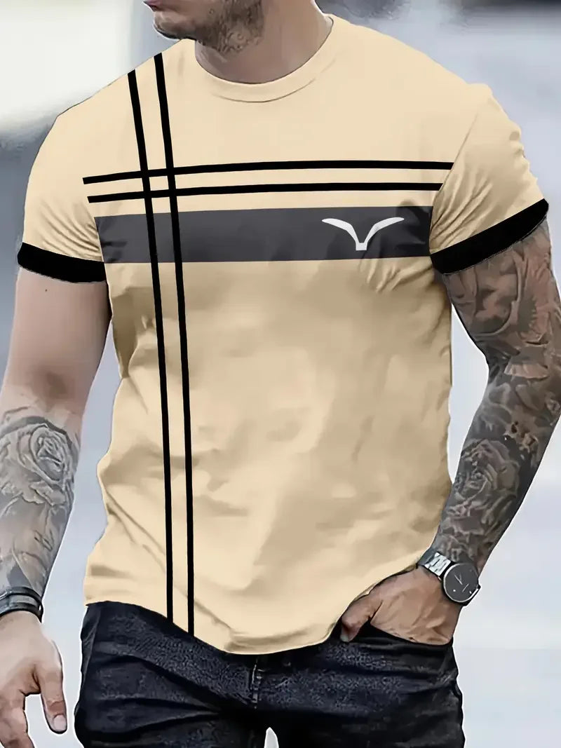 Outdoor Men's T-shirt Summer Round Neck Short Sleeve Top Stripe Print Street Loose T-Shirt Male Oversized Clothing