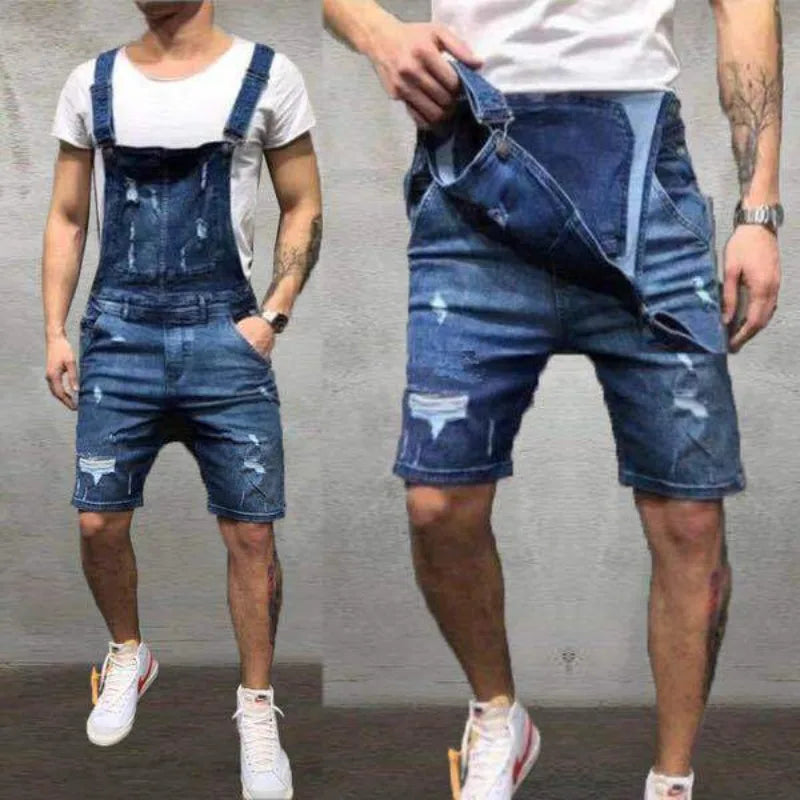 New Denim Bib Hole Slim Mens Shorts Work Pants