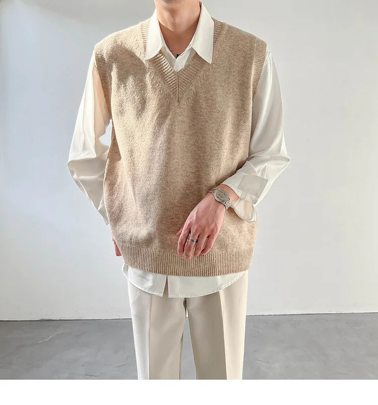 Korean Loose Base Knitted Sweater Sleeveless Vest Men's Underwear Pullover V-neck Sweater Vest