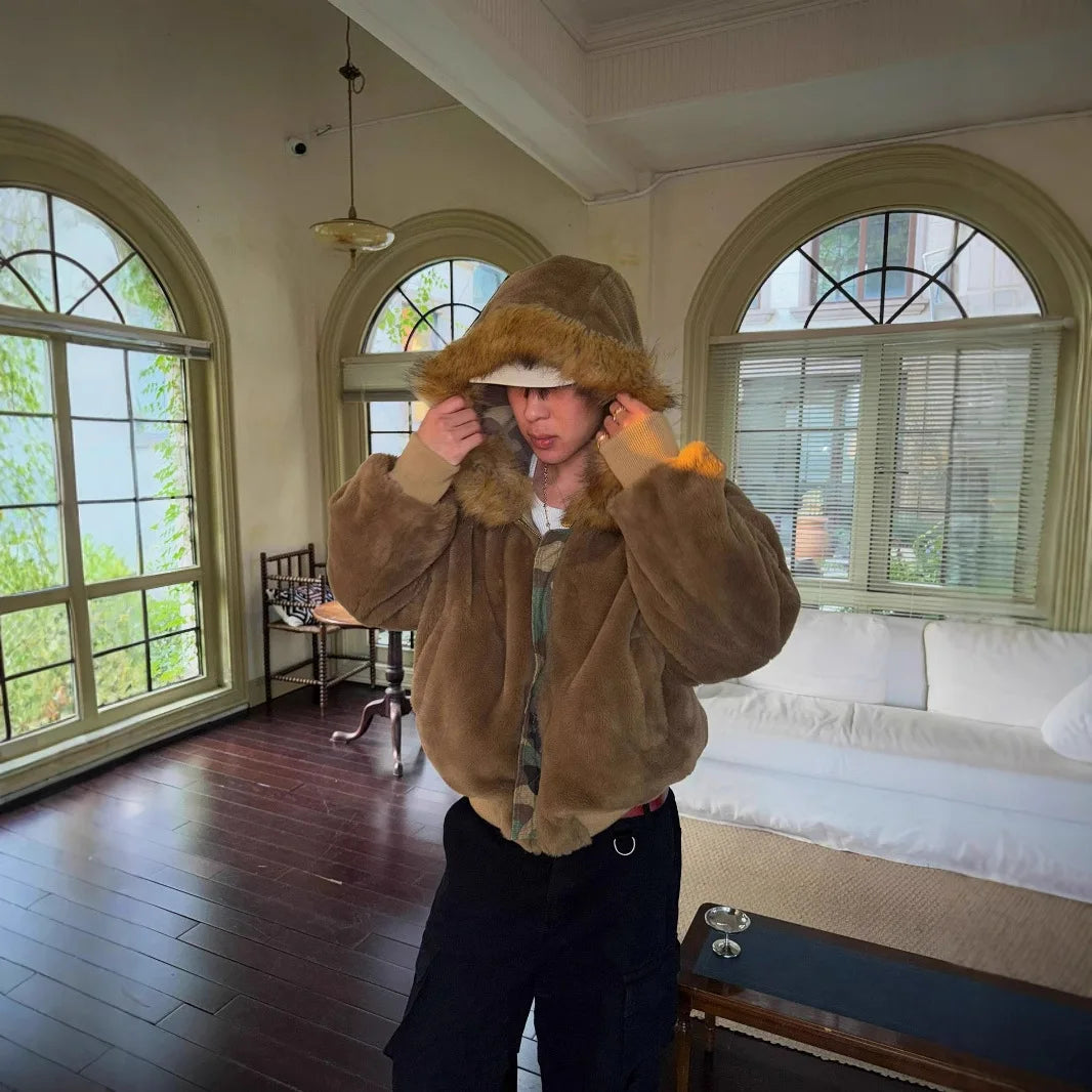 Men Fashion Camoufalge Warm Jacket Fleece Lined Thick Thermal Faux Fur Overcoat Revisable Parkas With Fur Hood Winter Outerwear