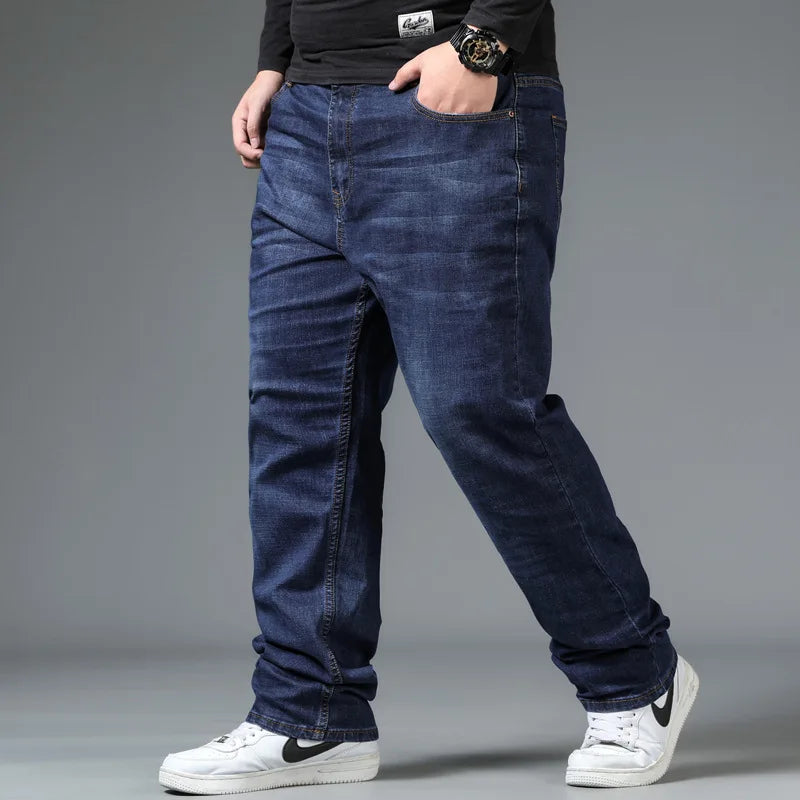 Men's Large Size Jeans Elastic Band NO 40  Oversize High Waist Loose Pant Husband Plus Size Fat Loose Black Male Denim Trouser