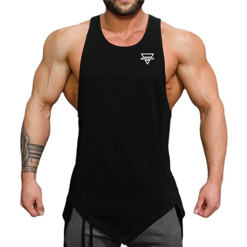 Men’s Gym Clothes Summer Trend Cotton Breathable Vest Irregular Hem Fitness Sleeveless T-shirts Printing O-neck