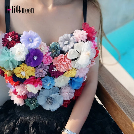 Women Sexy Flowers Spliced Bust Female Appligues Slip Vest Camis Bra Wrap Tops Female Bustier Tank Sweet Slim Crop Tops