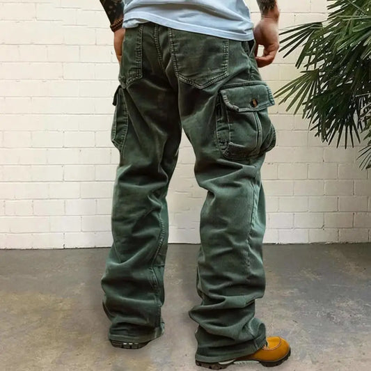 Cargo Pants for Men Retro Style Men's Corduroy Cargo Pants with Multiple Pockets Mid-rise Solid Color Trousers for Wear Long