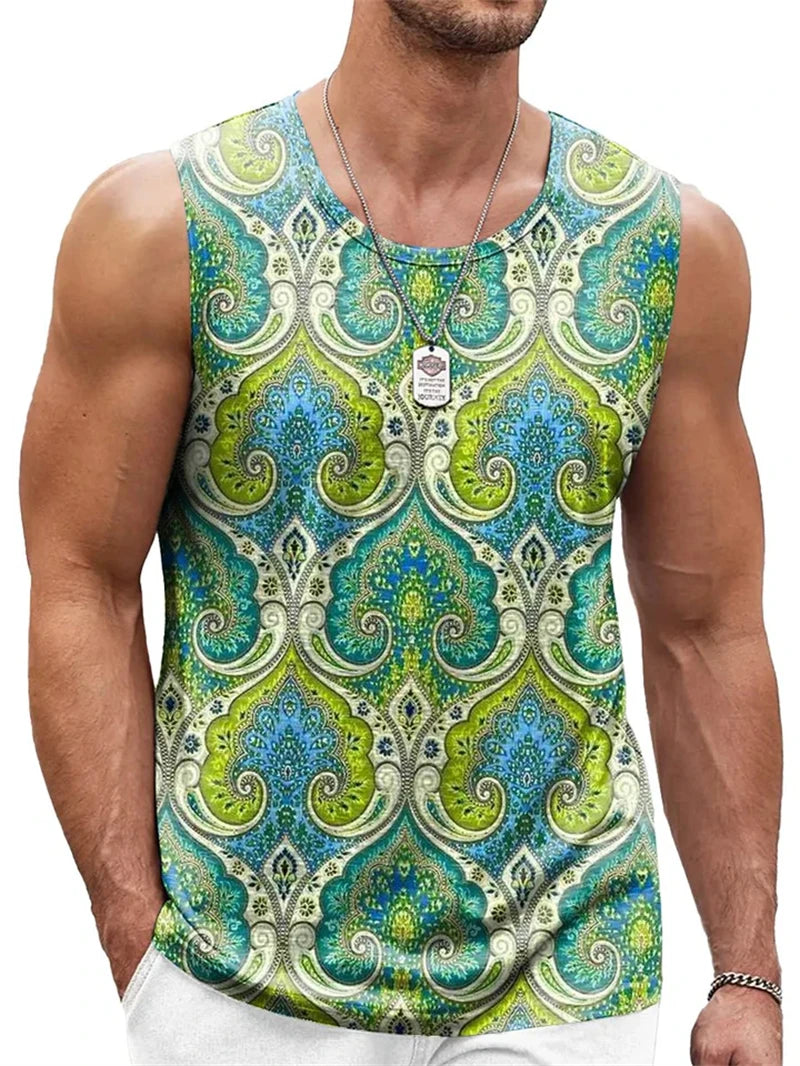 Mens Retro Ethnic Graphic Tank Tops Summer Casual Crew Neck 3D Printed Sleeveless Vest Fashion Breathable Sports Tees Tops