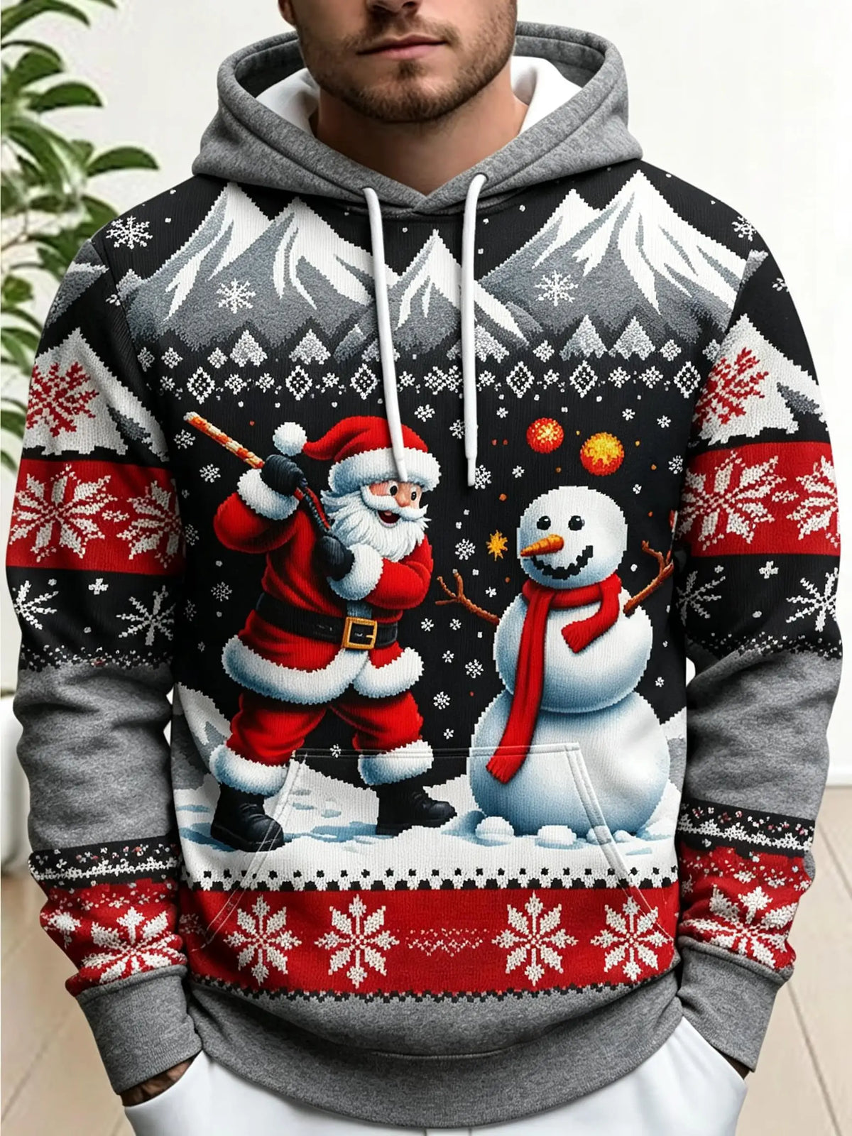 2026 Men Thin Sweatshirt Autumn Winter Hoodie Xmas Santa Snowman Mountain Graphic Print Long Sleeve Male Tops Men's Clothes