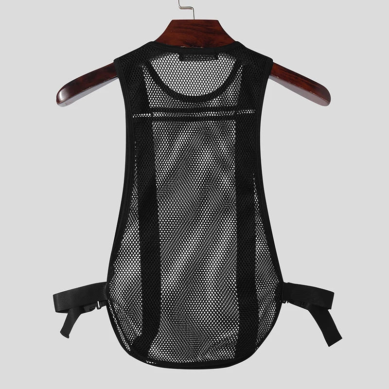 INCERUN Men's Tank Tops Mesh Transparent Solid Color O-neck Sleeveless Casual Male Vests Streetwear 2024 Fashion Men Clothing