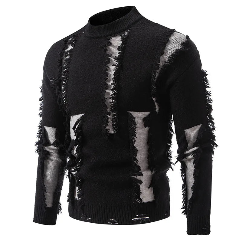 Fashion 2025 Autumn and Winter New Men's Sweater Color-blocked Ripped Round Neck Long Sleeve Base Shirt Knitted Sweater
