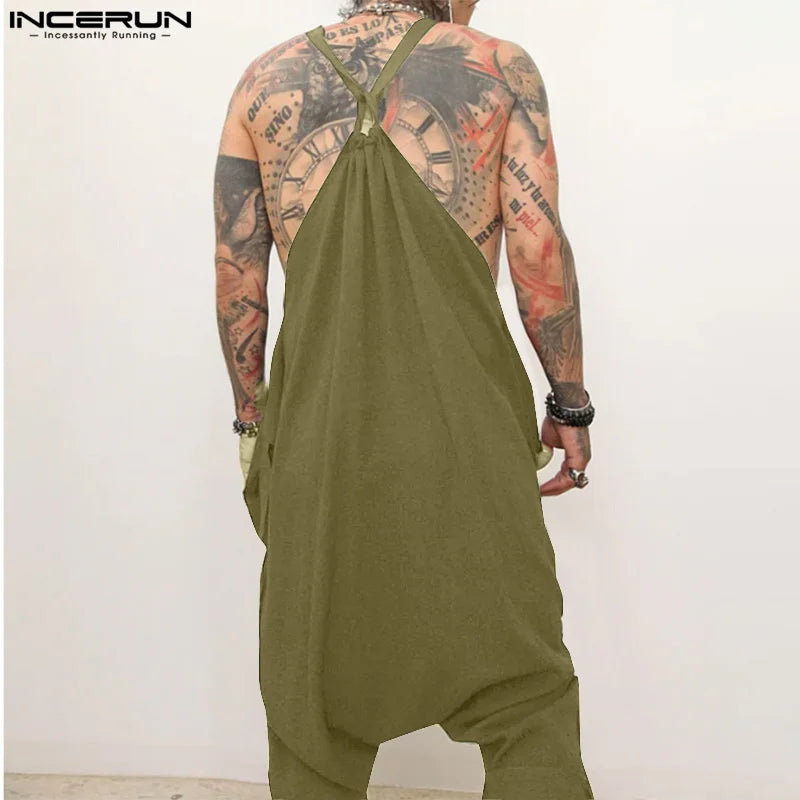 INCERUN American Style Fashion Jumpsuit Men's Loose Deconstruction Design Jumpsuit Streetwear Solid Wide Leg Sleeveless Rompers