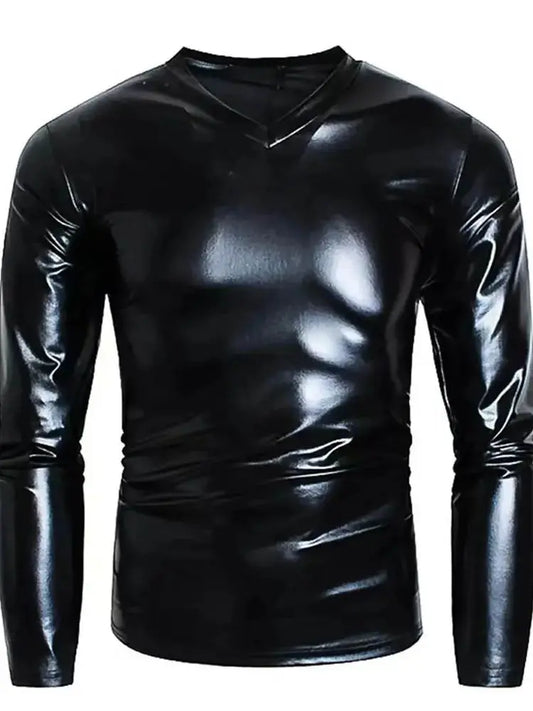 S-7XL Shiny Faux PU Leather Long Sleeve T Shirt Men V-neck Hip Hip Hop Tees Tights Muscle Hot Shapers Tshirt Sexy Clubwear Tops