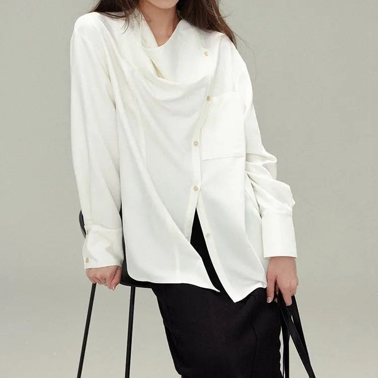 Premium gray drape shirt retro loose collar design long sleeve shirt bottoming shirt women's spring large size tide