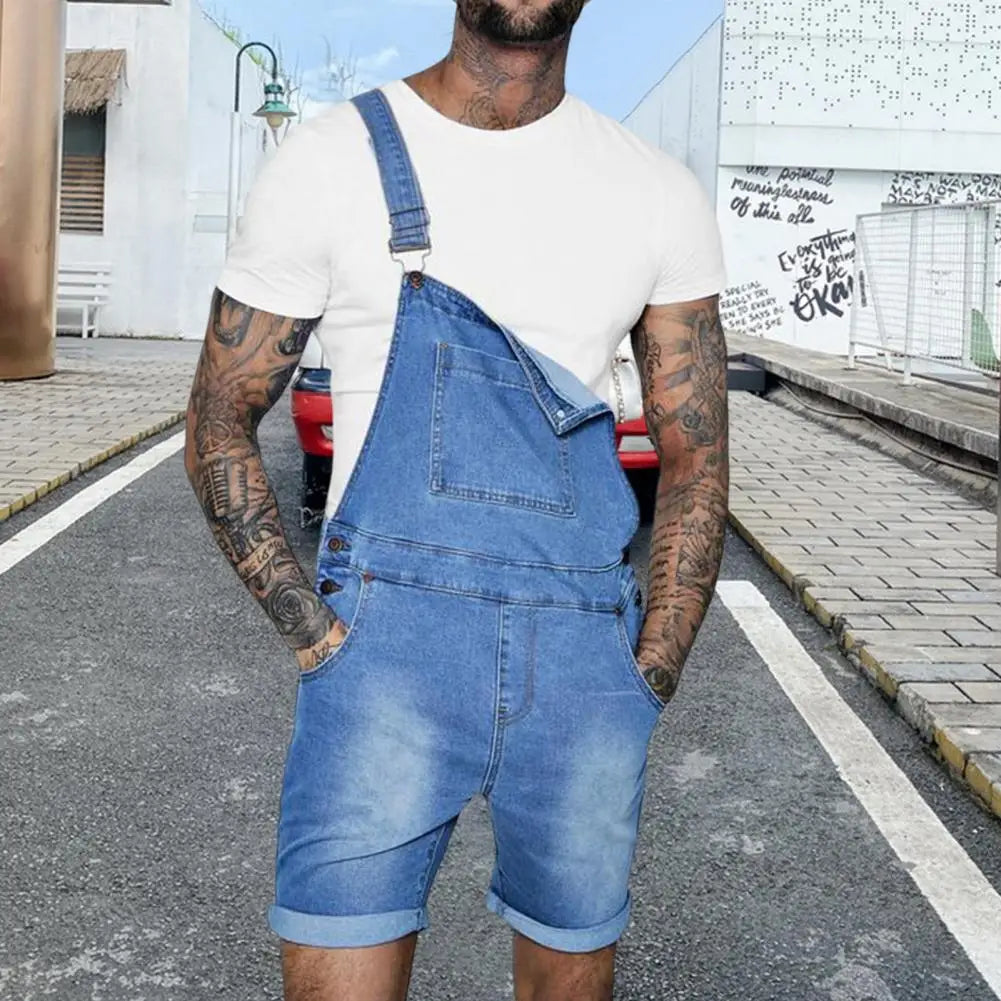 Stylish Temperament Solid Color Summer Hip Hop Adjustable Short Jean Jumpsuits Jeans Overall Shorts Shoulder Straps