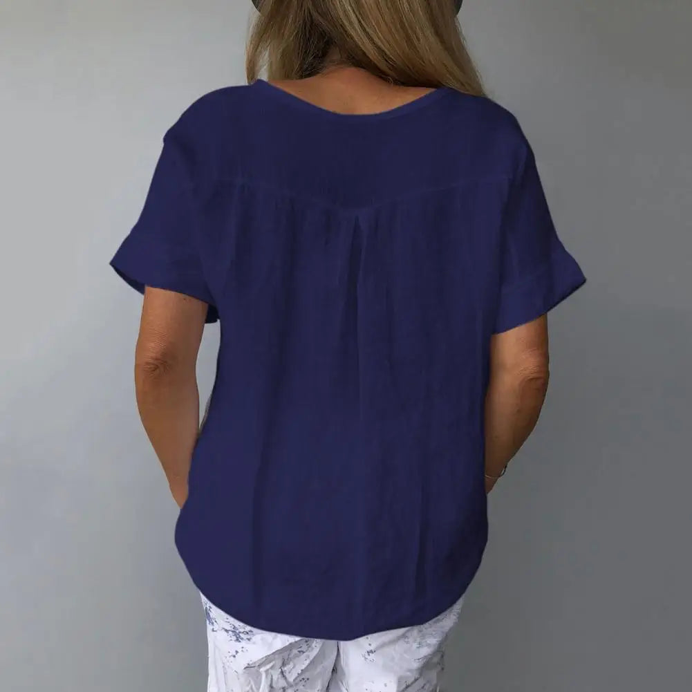 V-neck Cotton Linen Women Blouses Short Sleeve Loose Fit Solid Color Summer Pullover Elegant Lady T-shirt Shirt Blusas Mujer