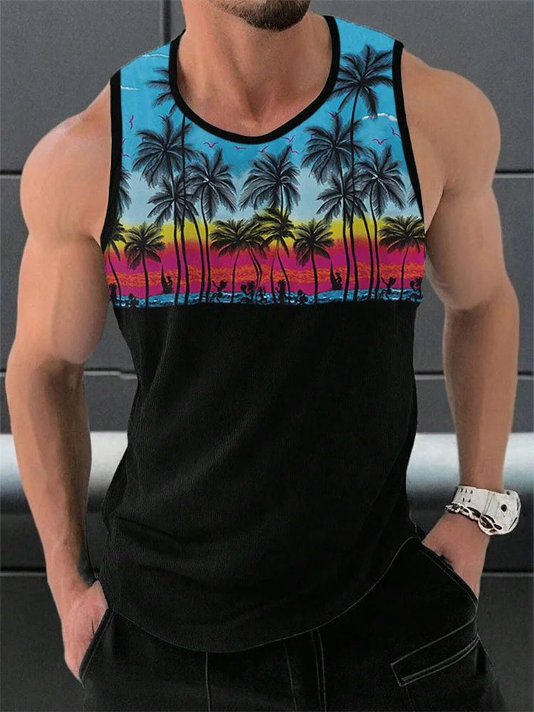 New Summer Men's Sleeveless T-Shirt Men's Outdoor Hawaii Classic Travel Wear Plus-Size Round Neck Palm Leaf 3D Printed Vest