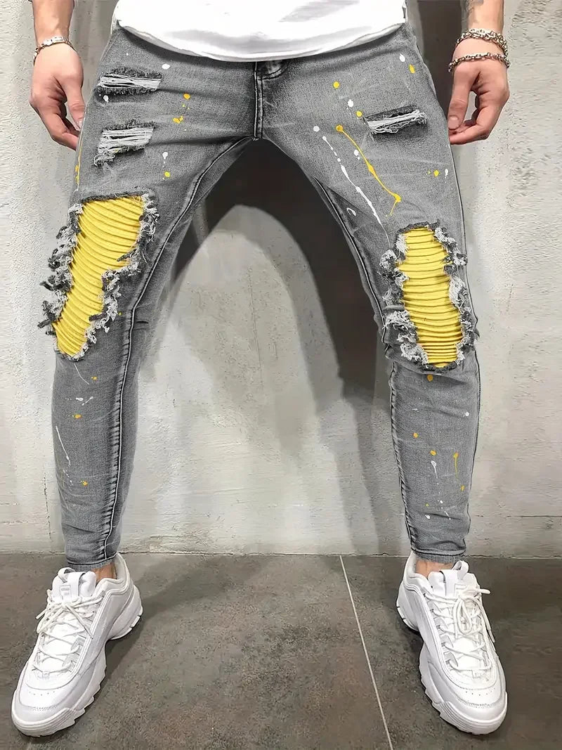 Men's Casual Creative Street Style High Stretch Paint Splatter Ripped Design Slim Fit Jeans Denim Pants For Spring Summer