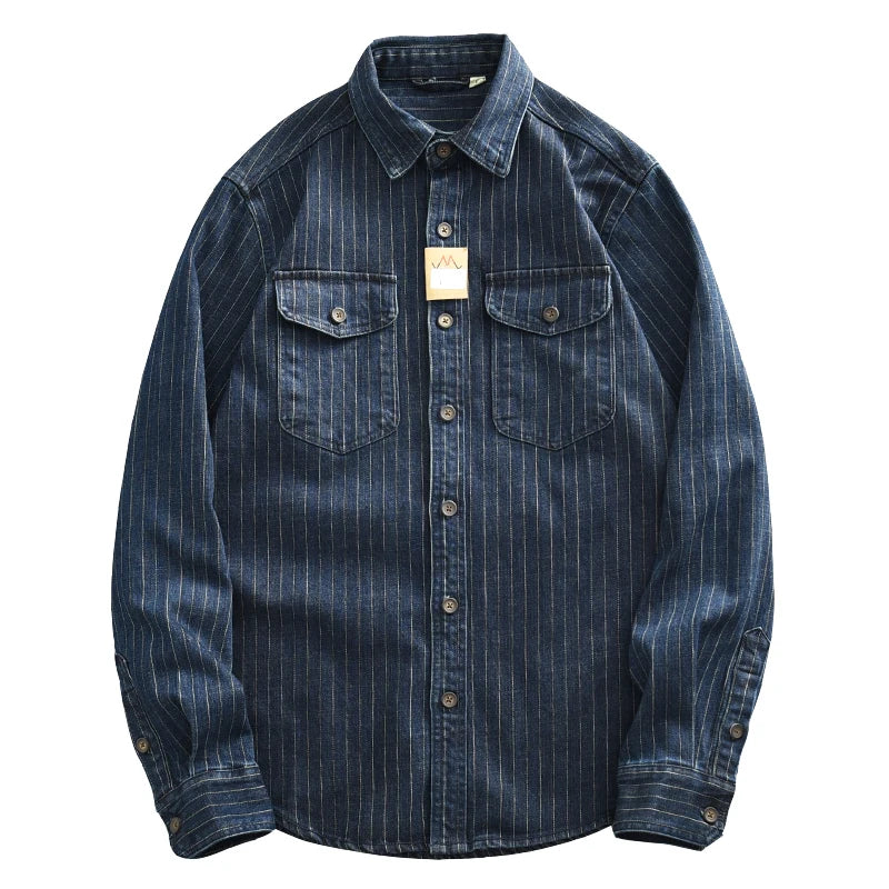 17oz Heavyweight Retro Casual Wear Men's Shirt Coat Washed Denim Cargo Jeans Oversized Tops Vertical Stripped Long Sleeve Male