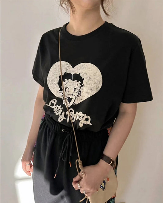 Summer Korean Style Cartoon Miss Betty Letter Love Printed Women T-shirts Streetwear Casual Loose Short Sleeve Tops Tees