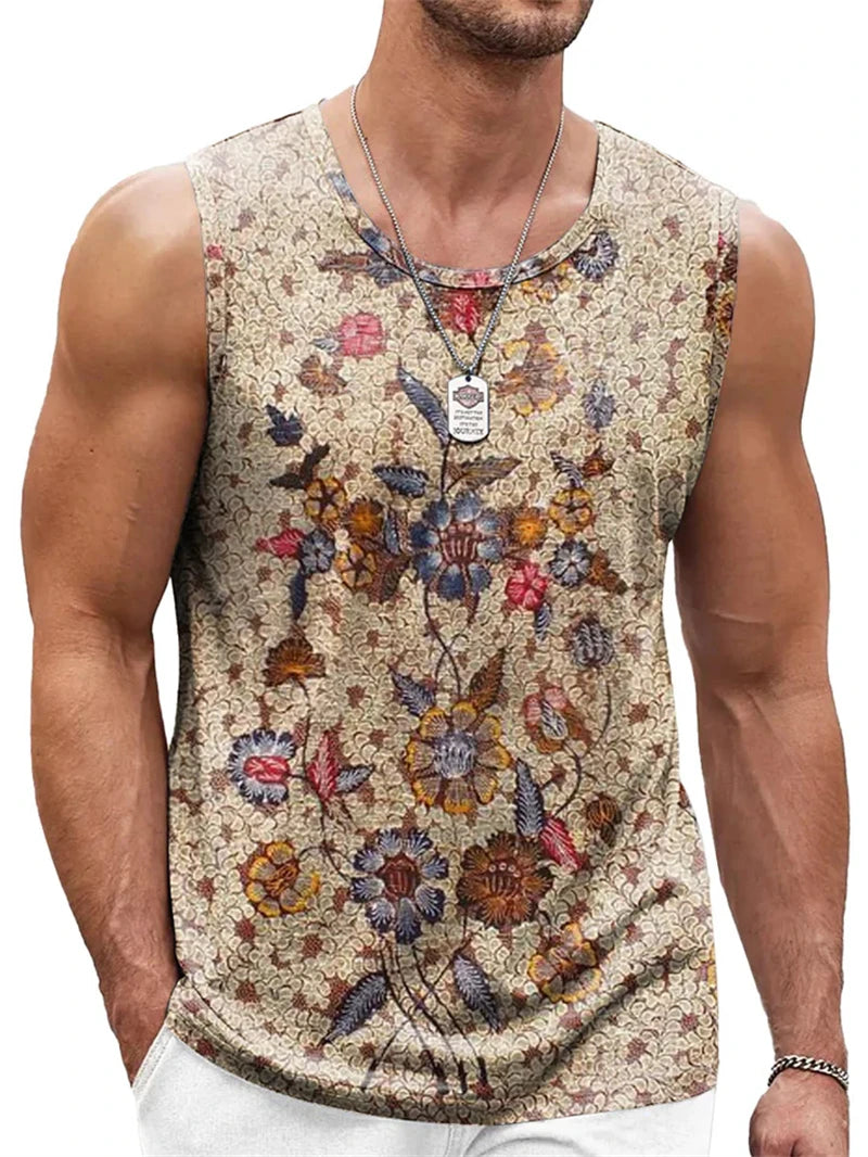 Mens Retro Ethnic Graphic Tank Tops Summer Casual Crew Neck 3D Printed Sleeveless Vest Fashion Breathable Sports Tees Tops