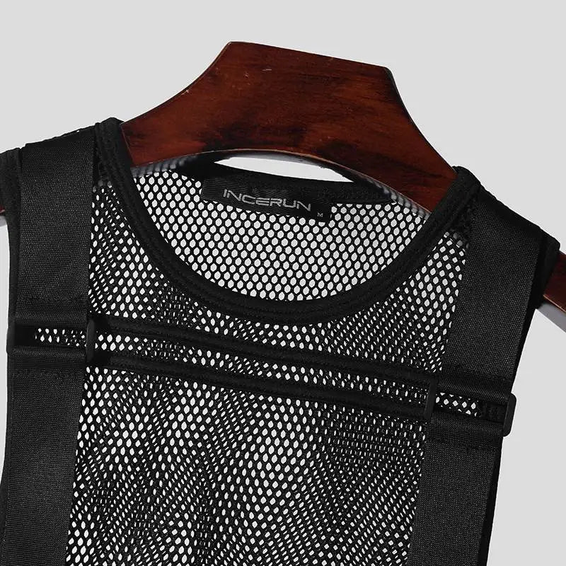 INCERUN Men's Tank Tops Mesh Transparent Solid Color O-neck Sleeveless Casual Male Vests Streetwear 2024 Fashion Men Clothing