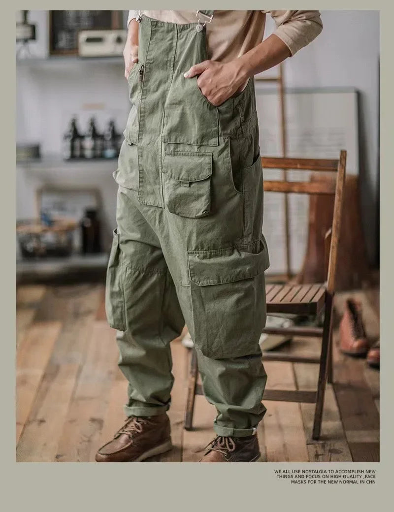 Trendy Brand Straight Tube Multi Pocket Work Overalls Men's Light Green Hip-hop Jumpsuit Couple Suspender Pants