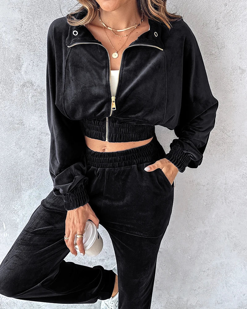 Women Urban Leisure Suits 2024 Spring Summer Latest Elegant Flip Collar Zipper Decoration Velvet Hoodie Casual Sports Pants Set