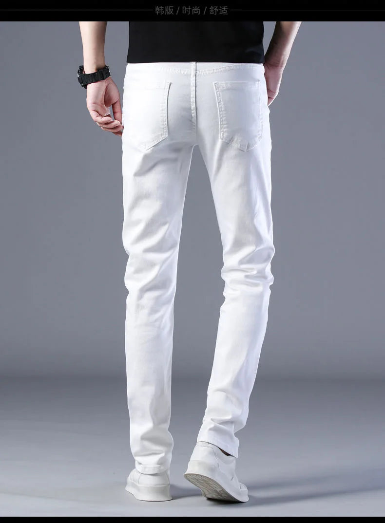 2024 Spring and Autumn New Fashion Trend White Elastic Denim Pants Men's Casual Slim Comfortable Breathable Small Legs 28-38