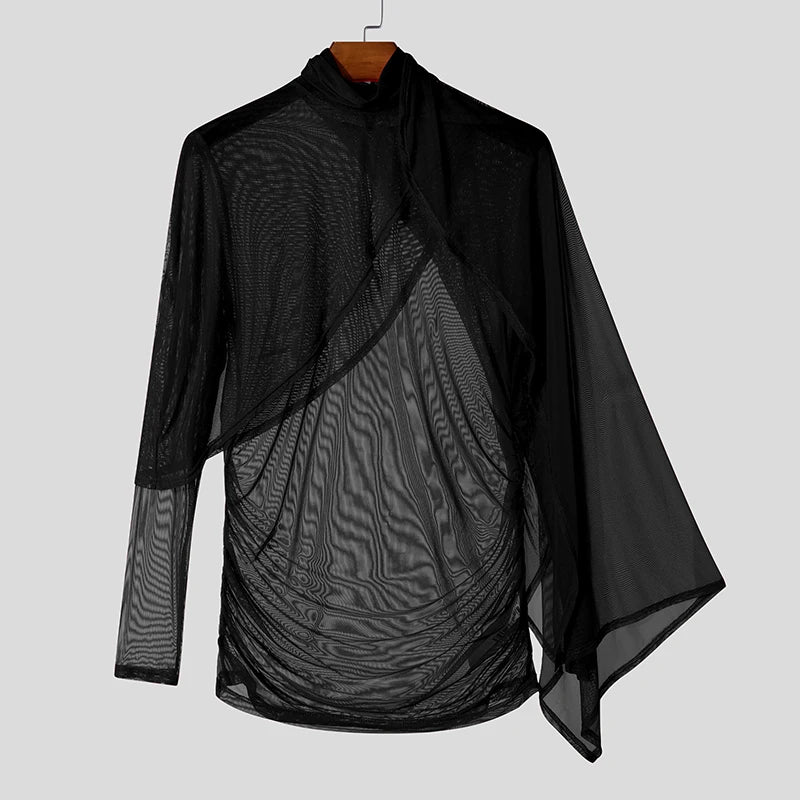 INCERUN Men See Through Solid Color Knitted T-Shirts Long Sleeve High Collar Camiseta Ruffled Edge Sexy Elegant Tops Fashion Top