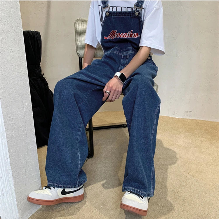 American retro denim overalls men's design sense niche Japanese casual loose couple straight work overalls vintage jeans men