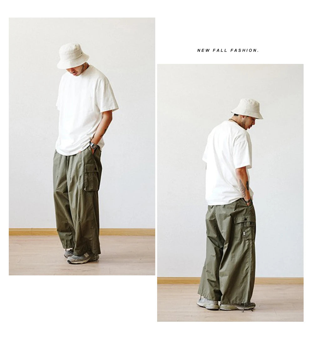 Multi-Pocket Oversized Cargo Pants Mens Casual Solid Thin Baggy Wide Leg Ankle Trousers Man Jogger Pants Harem Lantern Pants