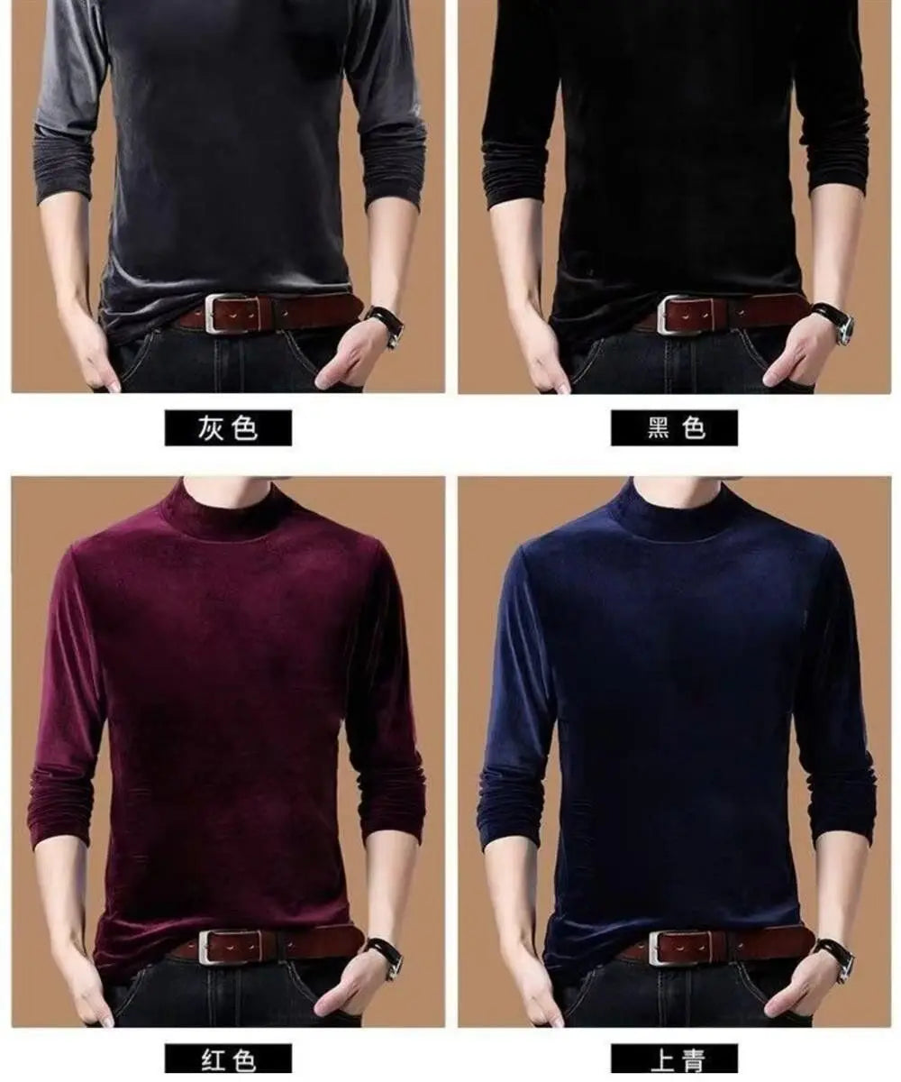 Men's Sweatshirt Velvet Half Turtleneck Sweater Autumn Winter Printed Long-sleeved Top Versatile