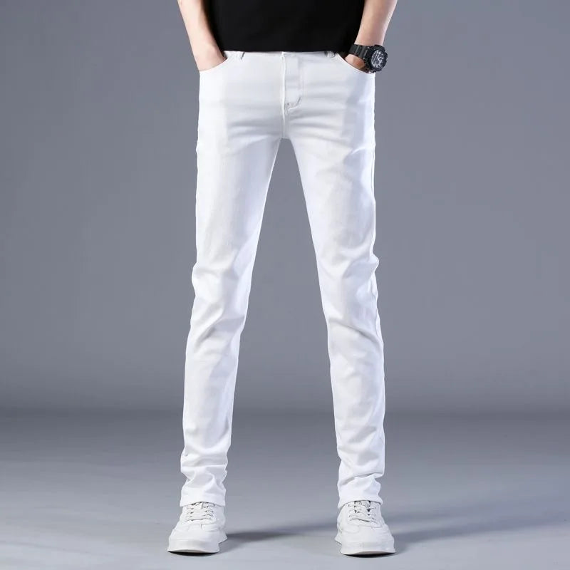 2024 Spring and Autumn New Fashion Trend White Elastic Denim Pants Men's Casual Slim Comfortable Breathable Small Legs 28-38