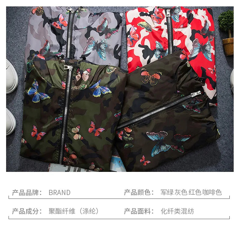 2025 Spring New Men's Camouflage Hooded Jacket Fashion Butterfly Print Loose Casual Coat Men Hood Windproof Outerwear Young Teen