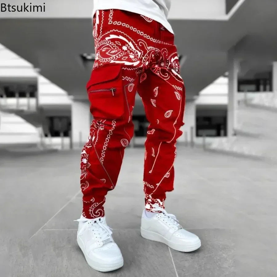 New Men's Cargo Pants Trend Printed Loose Hip Hop Fashion Street Wear Big Pocket Overalls Men Bright Color Four Seasons Trousers