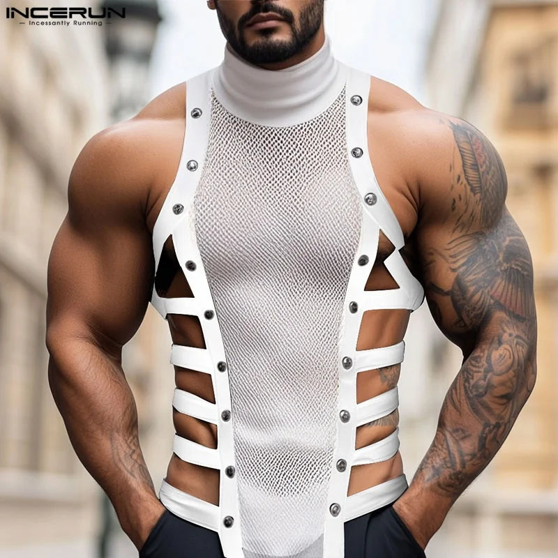 INCERUN Men Tank Tops Mesh Patchwork See Through Turtleneck Sleeveless Male Vests Streetwear Hollow Out Sexy Men Clothing Summer