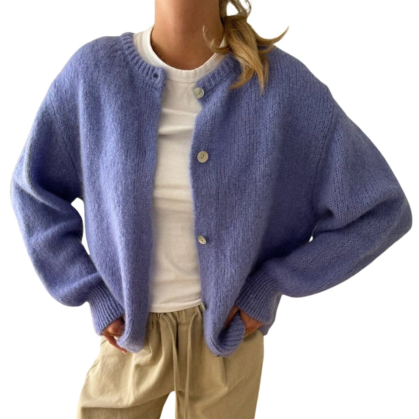 Women s Solid Color Cardigan Fuzzy Long Sleeve Button Down Sweater Soft Knit Tops Outerwear