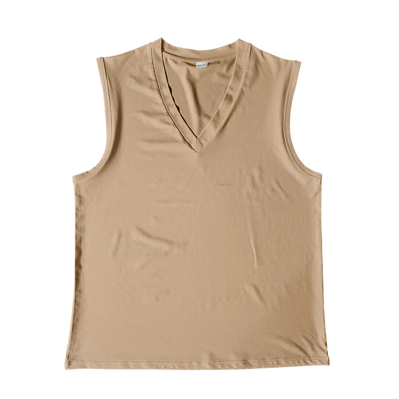 Summer men's solid color V-neck vest casual breathable sleeveless T-shirt vest suitable for fitness and sports