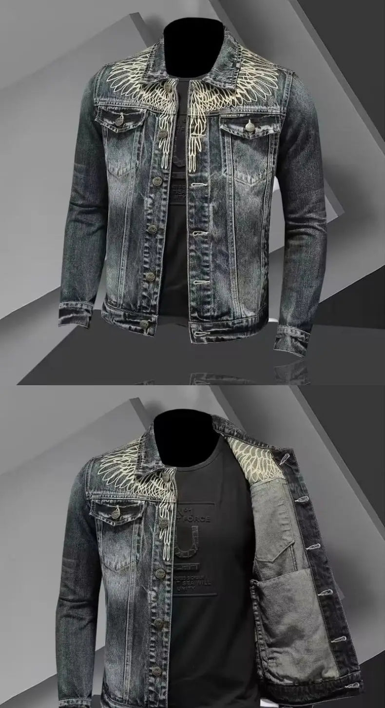 Men's retro denim jacket high street trendy embroidered lapel motorcycle jacket loose casual fashion versatile men's clothing