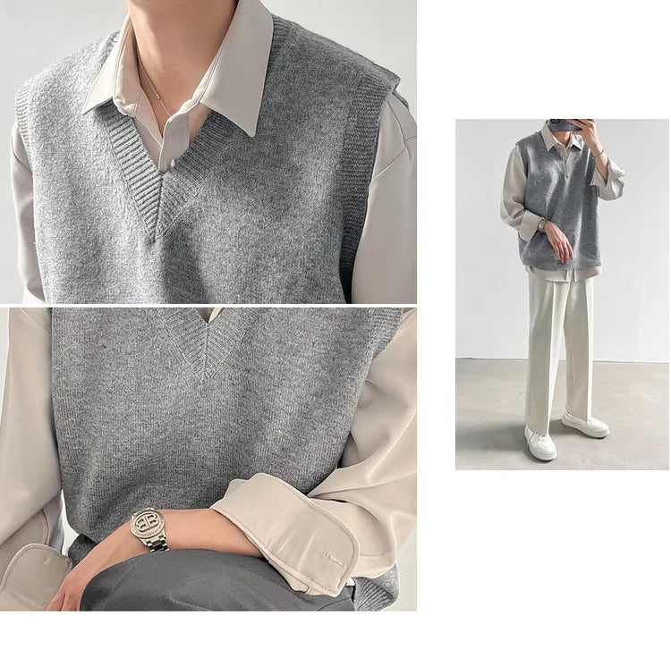 Korean Loose Base Knitted Sweater Sleeveless Vest Men's Underwear Pullover V-neck Sweater Vest