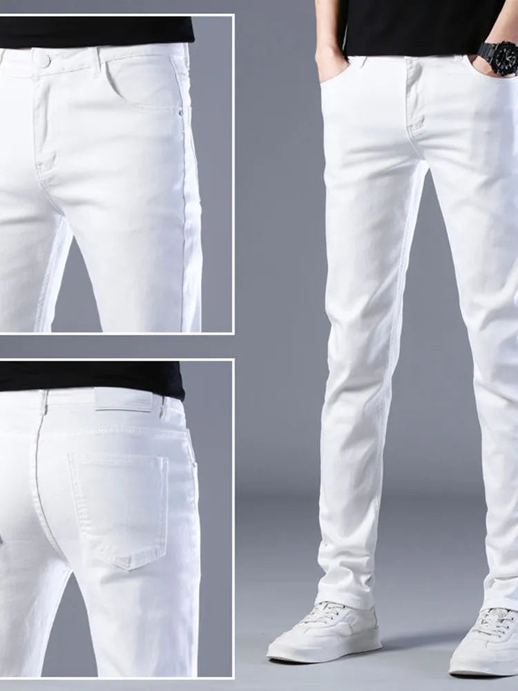 2024 Spring and Autumn New Fashion Trend White Elastic Denim Pants Men's Casual Slim Comfortable Breathable Small Legs 28-38