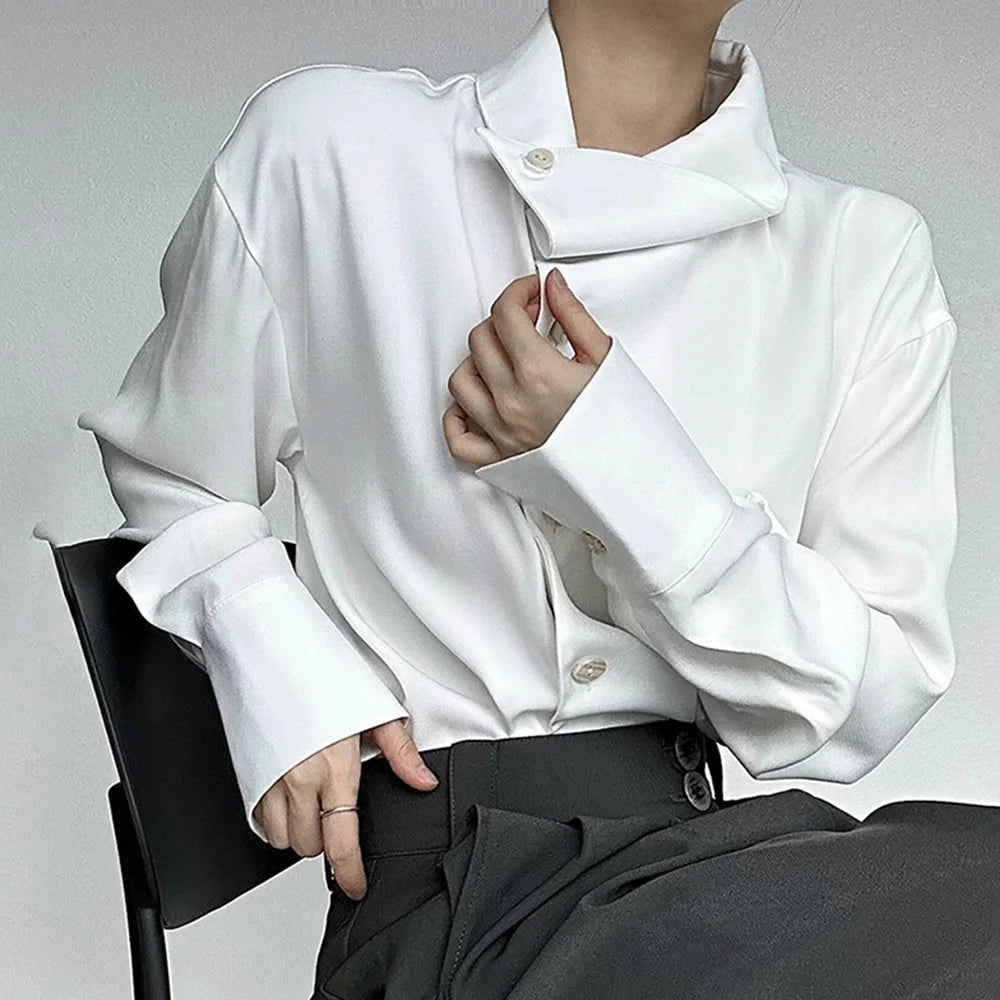 2026 Spring New Men's Long Sleeve Solid Color Shirt Elegant Retro High-End Fashion Loose Neckline Design Irregular Men's Tops