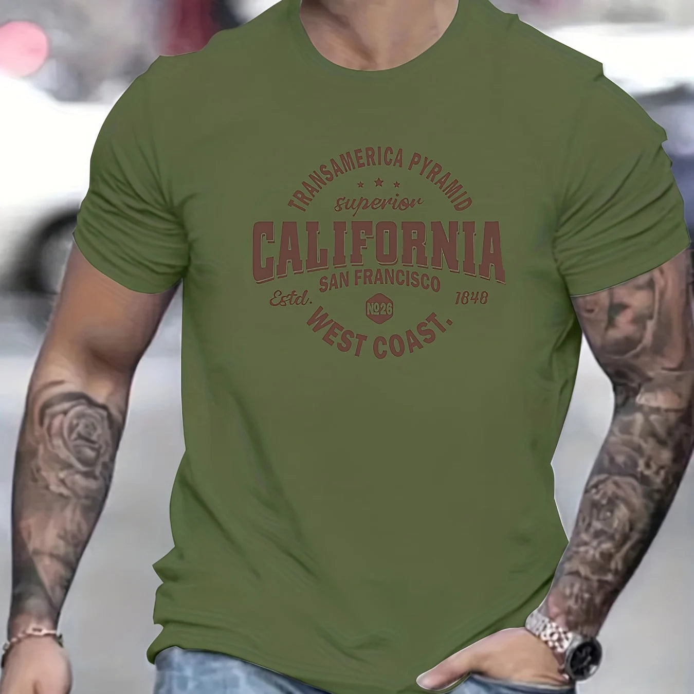 Men's 100% cotton casual sports loose fit California West Coast print round neck short sleeved T-shirt top