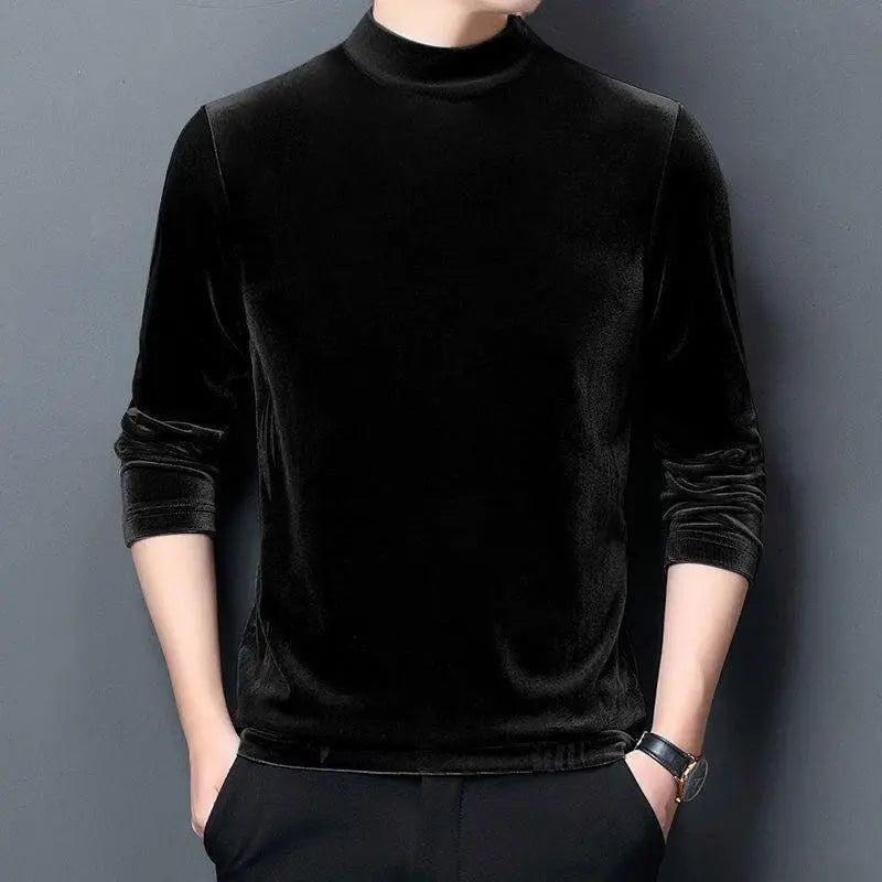 Men's Sweatshirt Velvet Half Turtleneck Sweater Autumn Winter Printed Long-sleeved Top Versatile