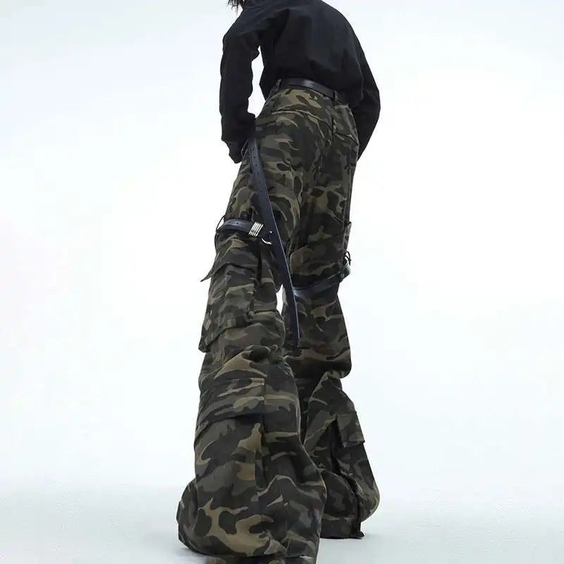 LUZHEN Belt Design Camouflage Work Pants Washed Vintage High Quality Cargo Trousers Trendy Streetwear Men's Straight LZ7881