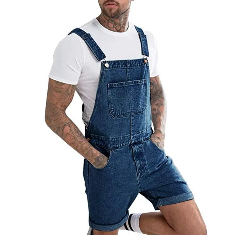 Wepbel One-Piece Working Bib Top Pants Denim Retro Jeans Overalls Summer Men's Denim with Hole Shorts Suspender Shorts Jeans