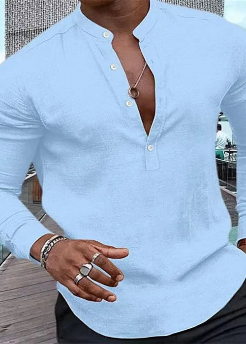 Fashion shirt men's Henry solid color half-open button stand collar muscular men's tops street soft and comfortable 2023 new