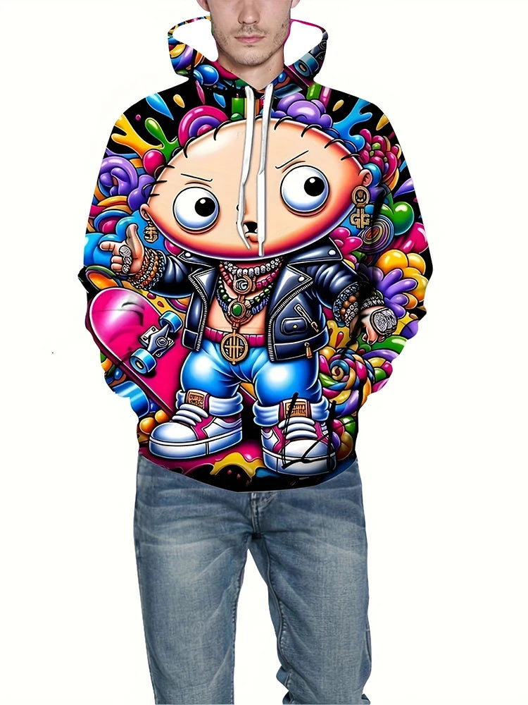New Fashion Men's Hooded Sweatshirt | Comfortable & Versatile Casual Top with Graphic Print & Kangaroo Pocket for Spring/Fall
