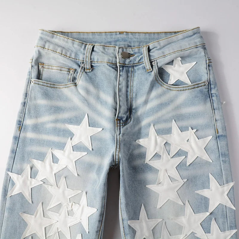 Best Sellers Men's Distressed Streetwear Light Blue Denim Pants Leather White Stars Patchwork Moustache Holes Ripped Jeans Pants