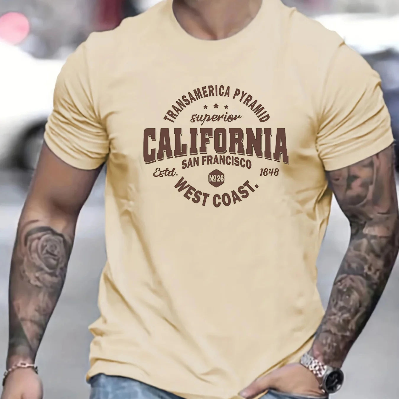 Men's 100% cotton casual sports loose fit California West Coast print round neck short sleeved T-shirt top